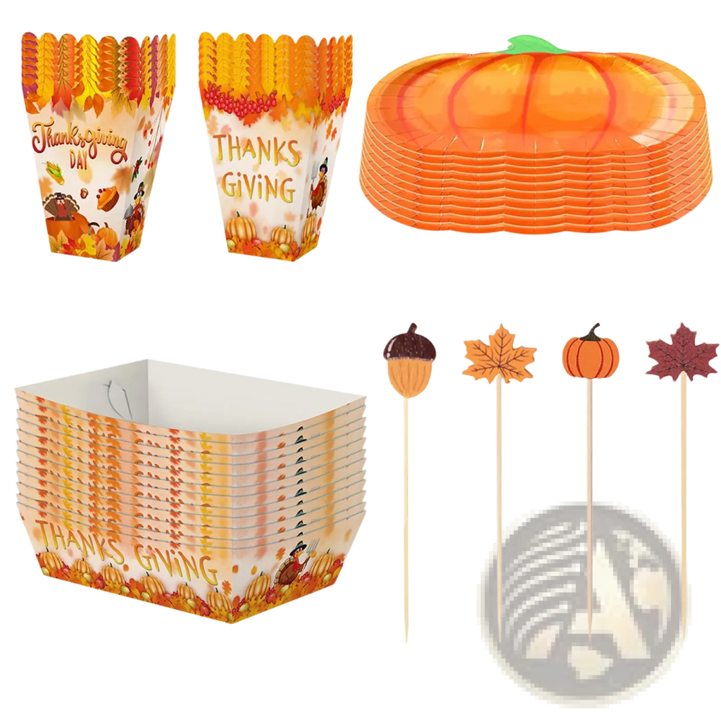 Orange pumpkin-shaped paper plates with a green stem and ribbed design for Thanksgiving pumpkin tableware set