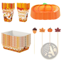 Orange pumpkin-shaped paper plates with a green stem and ribbed design for Thanksgiving pumpkin tableware set
