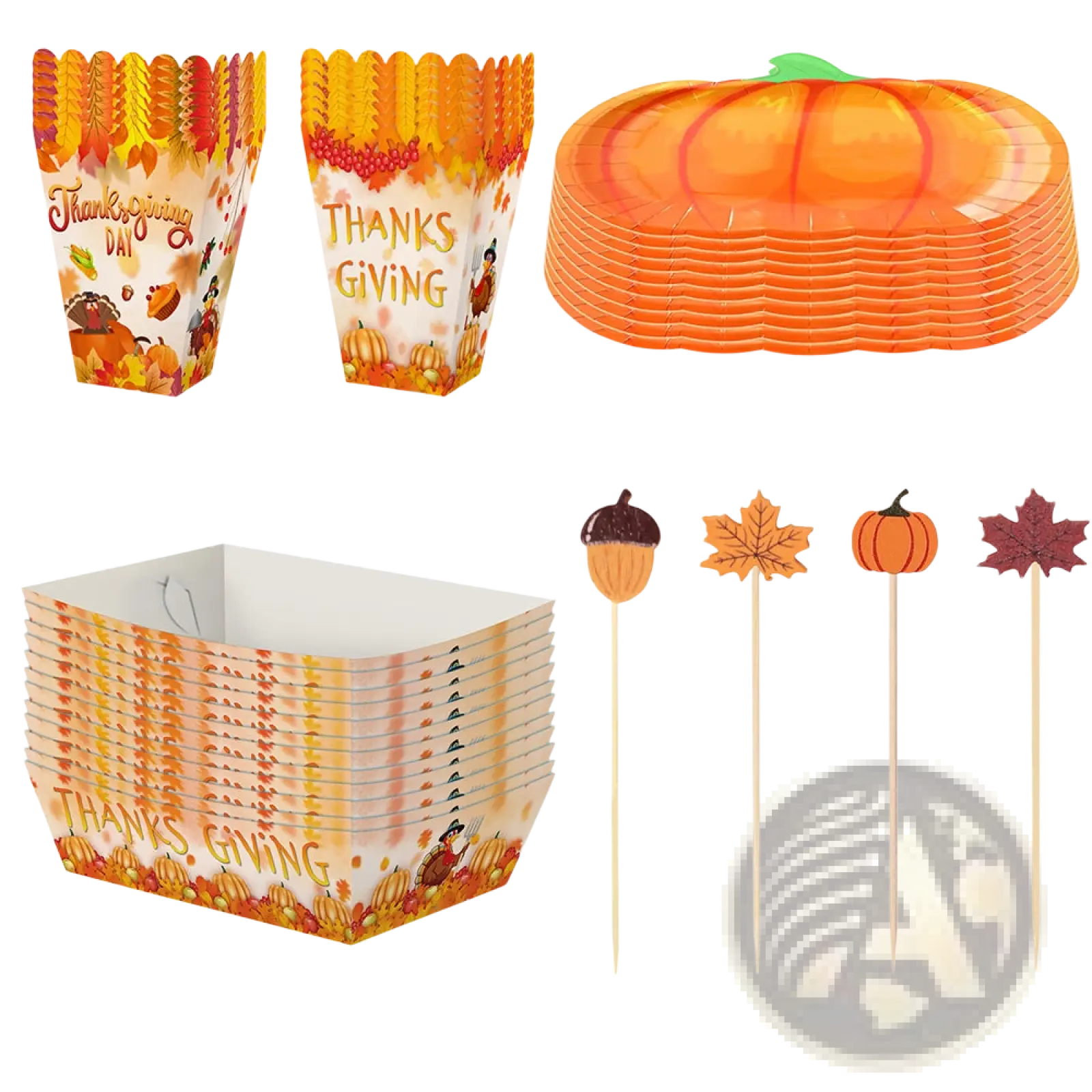 Orange pumpkin-shaped paper plates with a green stem and ribbed design for Thanksgiving pumpkin tableware set