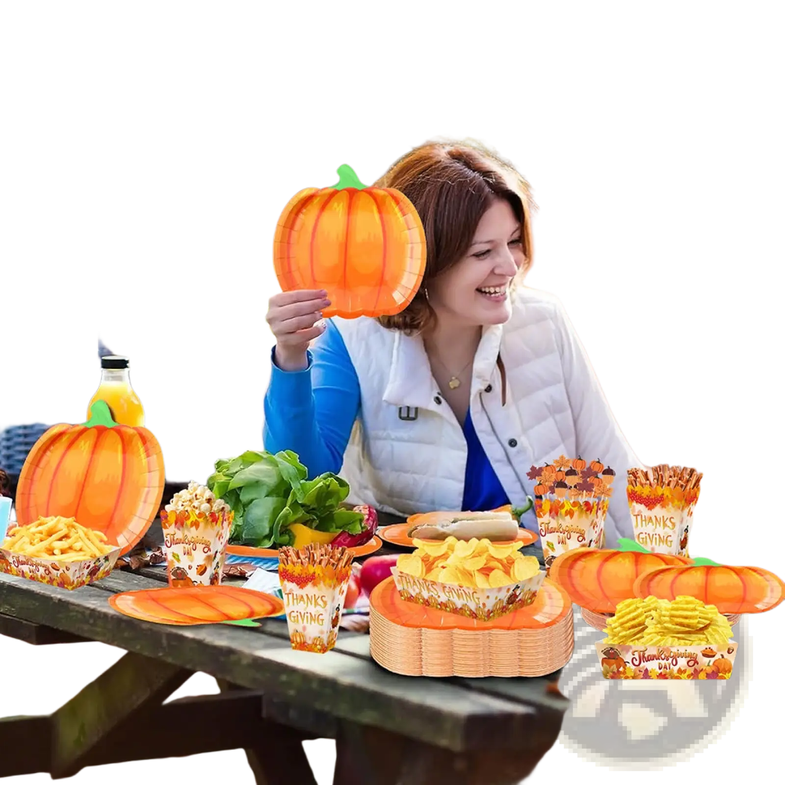 Thanksgiving pumpkin paper plates in orange with green stem featuring autumn-themed designs for festive tableware use