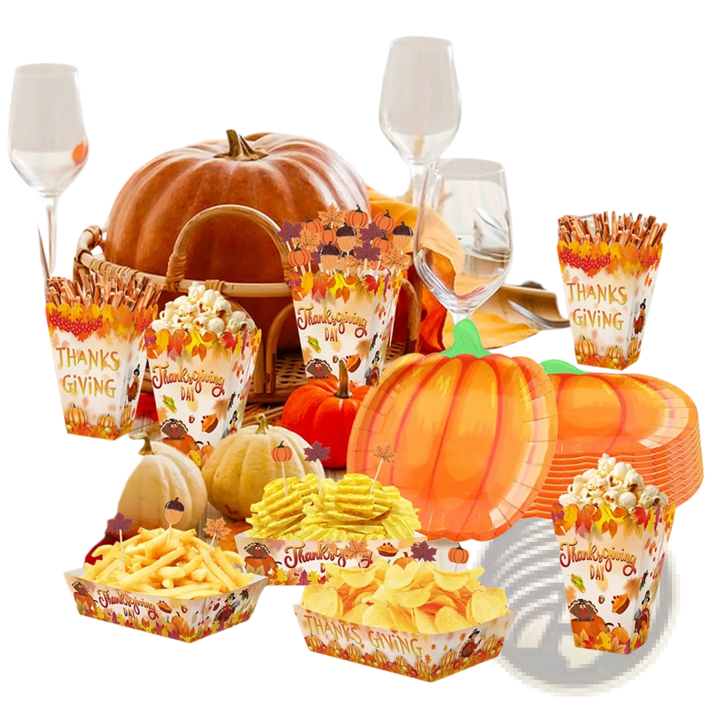Orange paper pumpkin plates with autumn leaf and acorn designs in thanksgiving pumpkin paper plates and tableware set