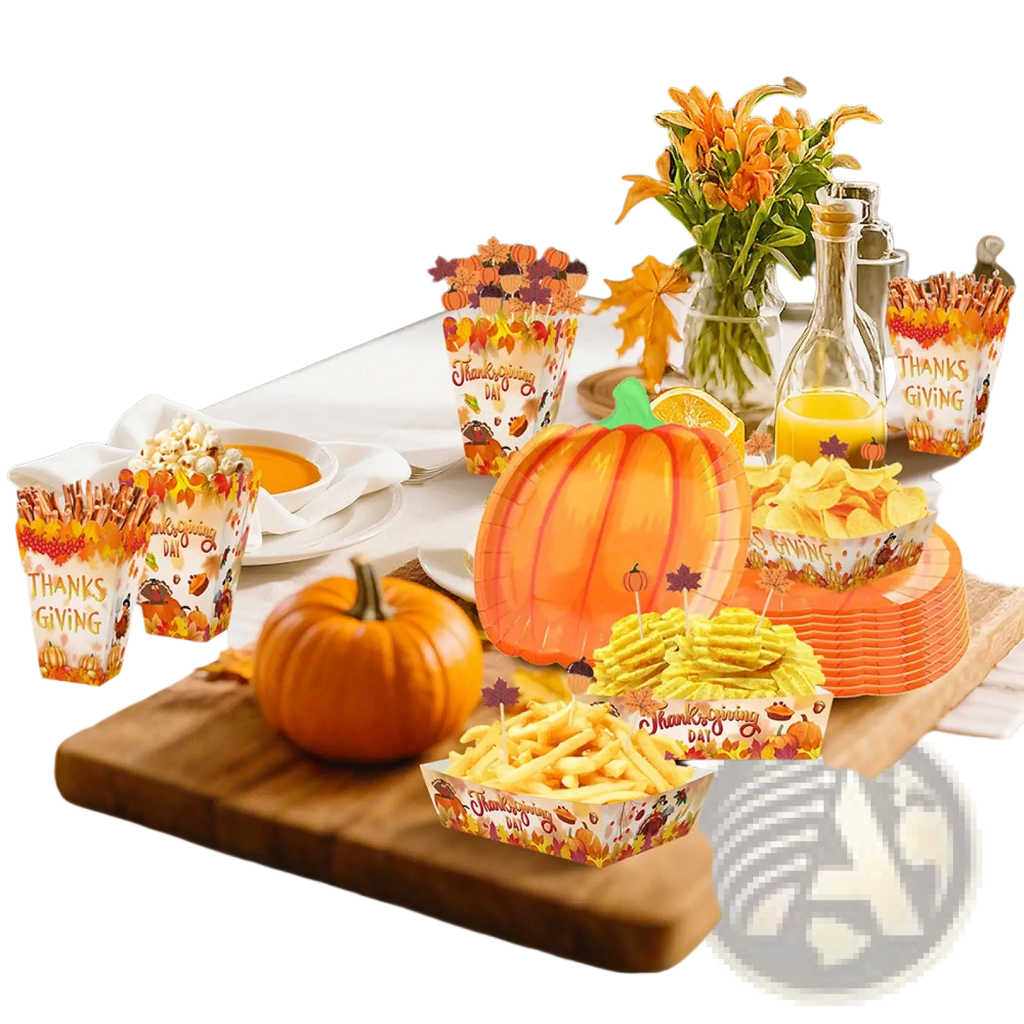 Thanksgiving pumpkin paper plate in orange with green stem and autumn leaf design for festive tableware use