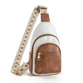 A stylish white and brown willow crossbody bag with patterned strap faux leather accents and gold-tone zippers