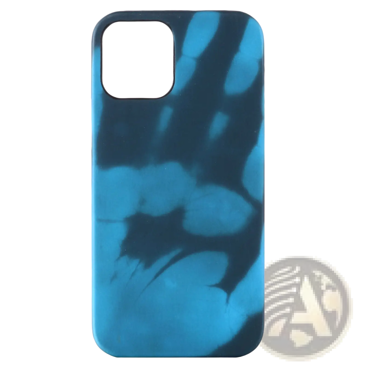 Thermal color changing iphone case back with a sleek glossy finish and vibrant blue and black tie dye pattern
