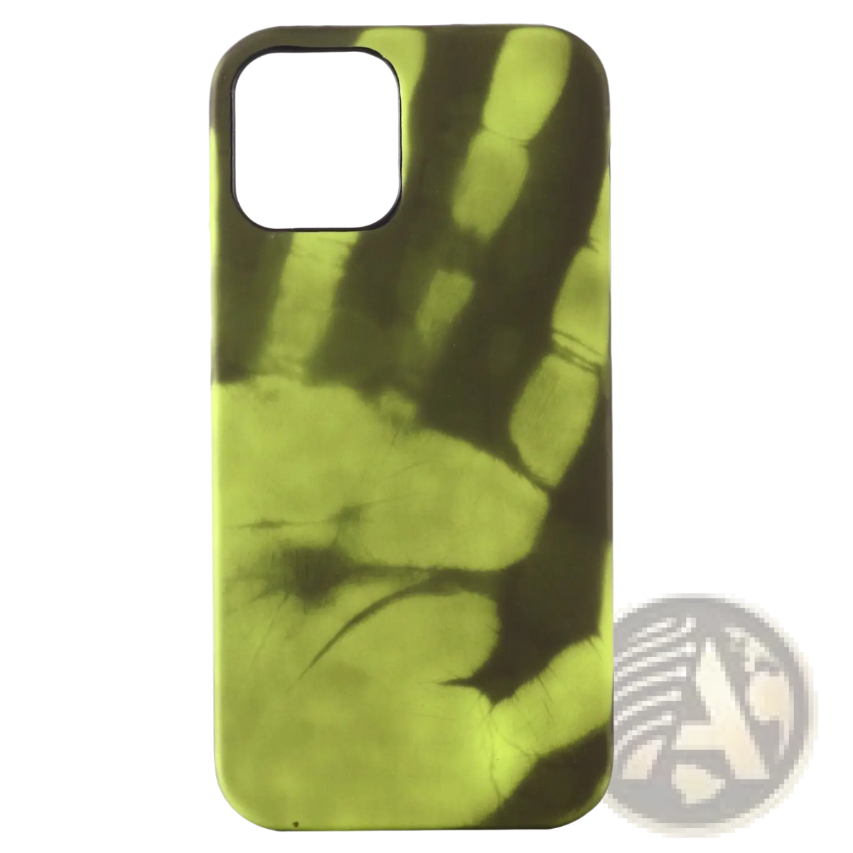 Thermal color changing iPhone case with vibrant lime green and black tie-dye and stylized handprint on back side