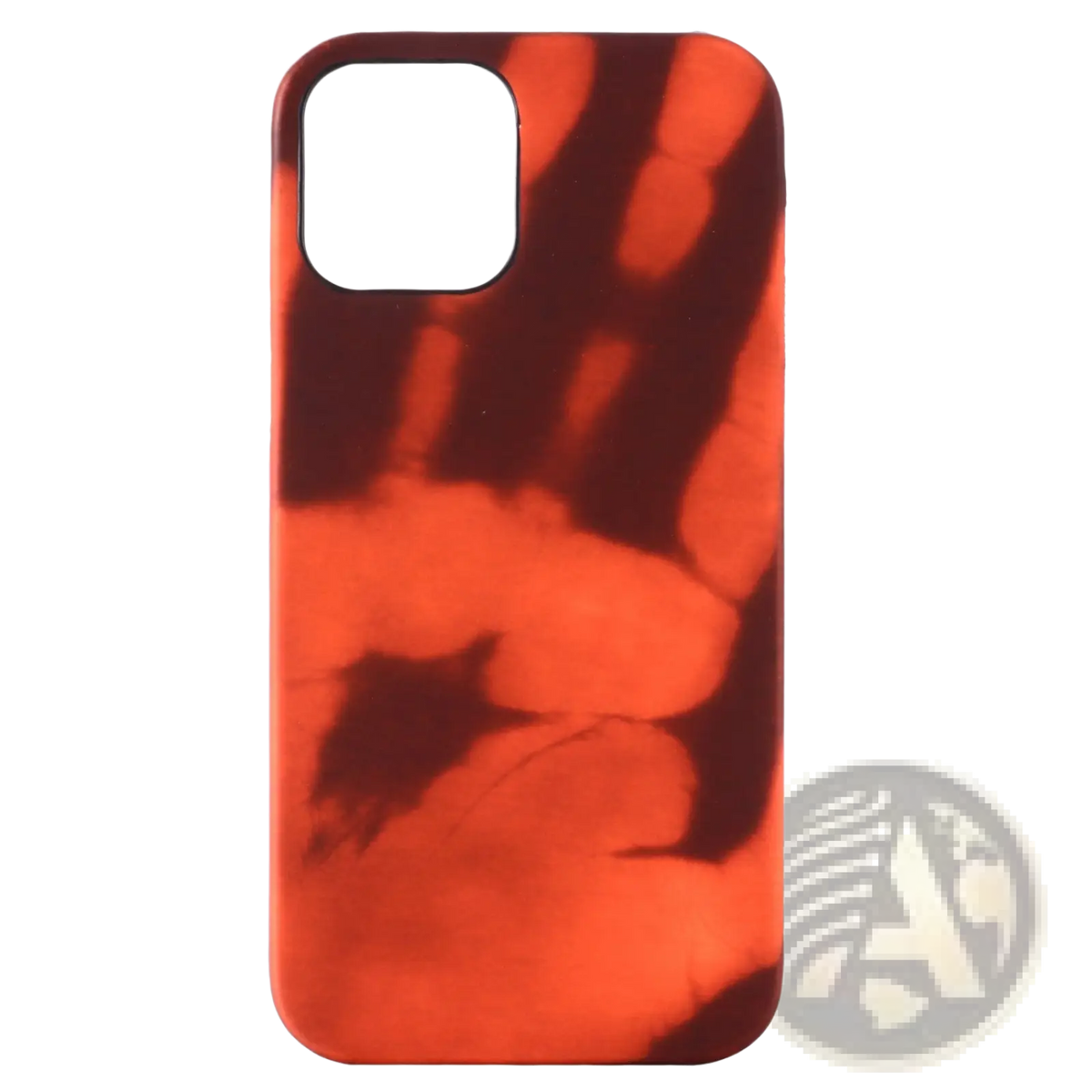 The back of a vibrant red and black tie-dye thermal color changing iPhone case with a glossy finish