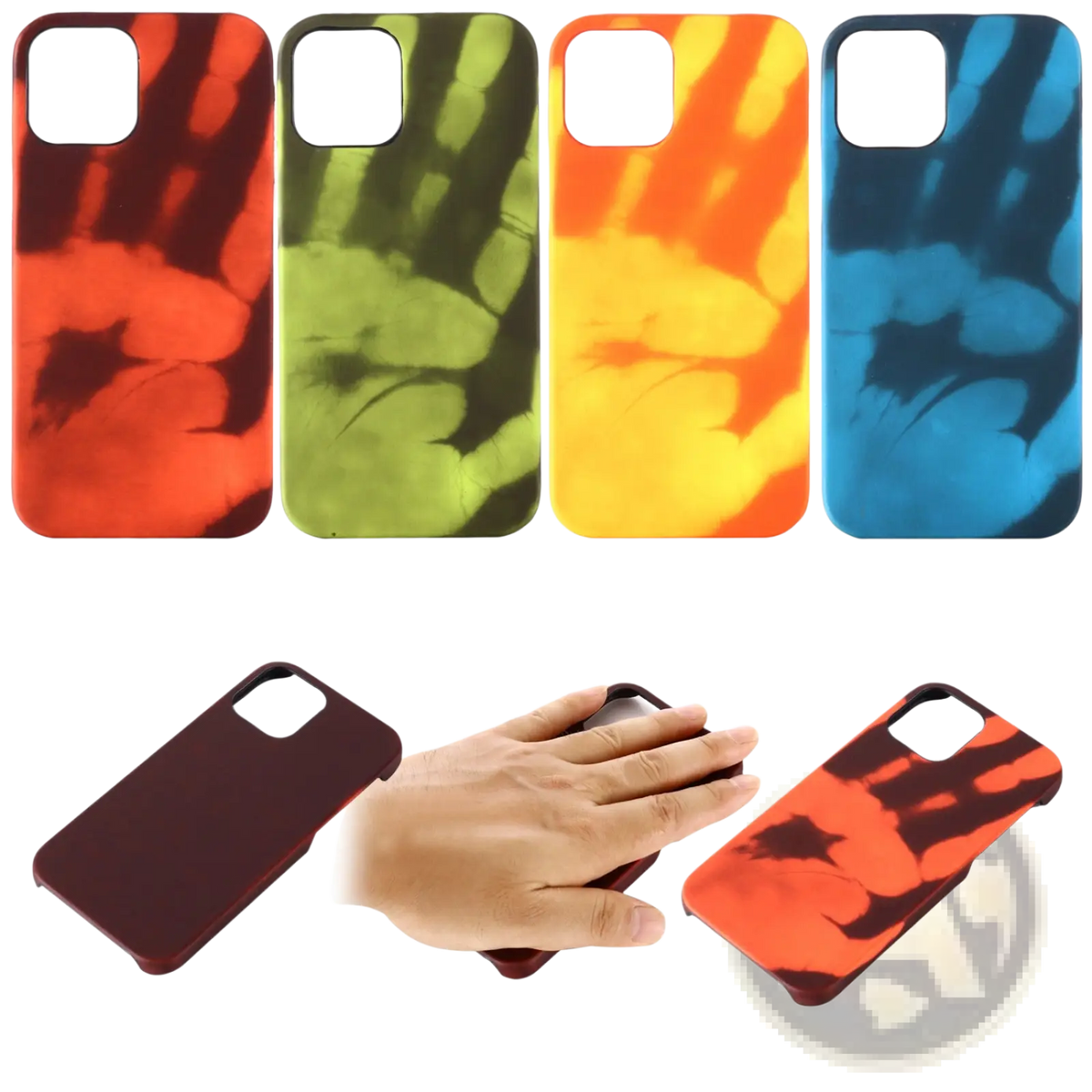 Set of four vibrant thermal color changing iPhone cases in red green yellow and blue with matte finish shown from back side