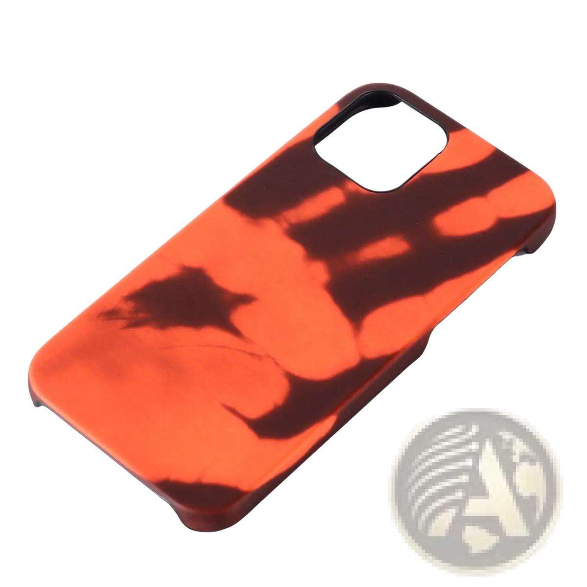 Thermal color changing iPhone case showing the back with vibrant orange and dark brown tie-dye glossy finish