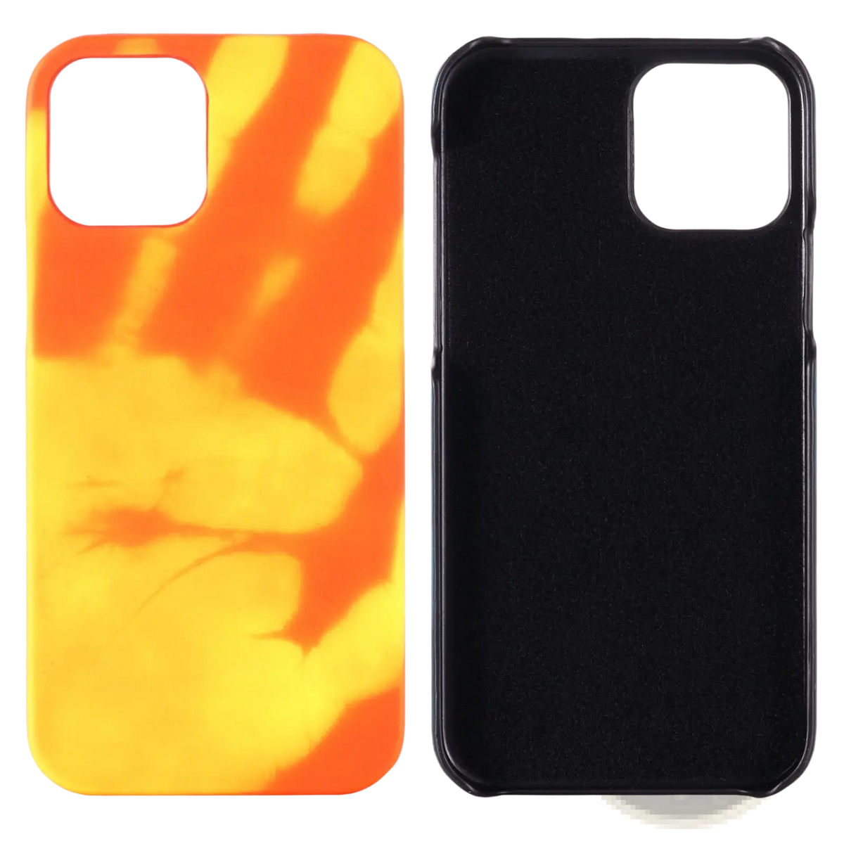 Thermal color changing iPhone case with vibrant orange and yellow tie-dye front and black back panel shown