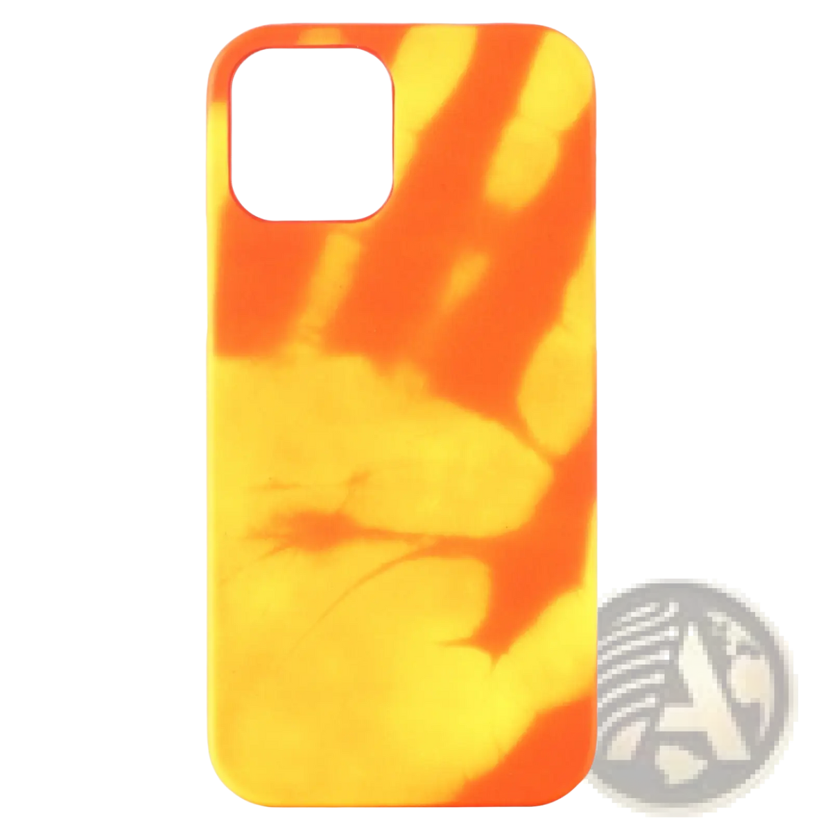 Vibrant orange and yellow tie-dye silicone thermal color changing iPhone case showing the back side