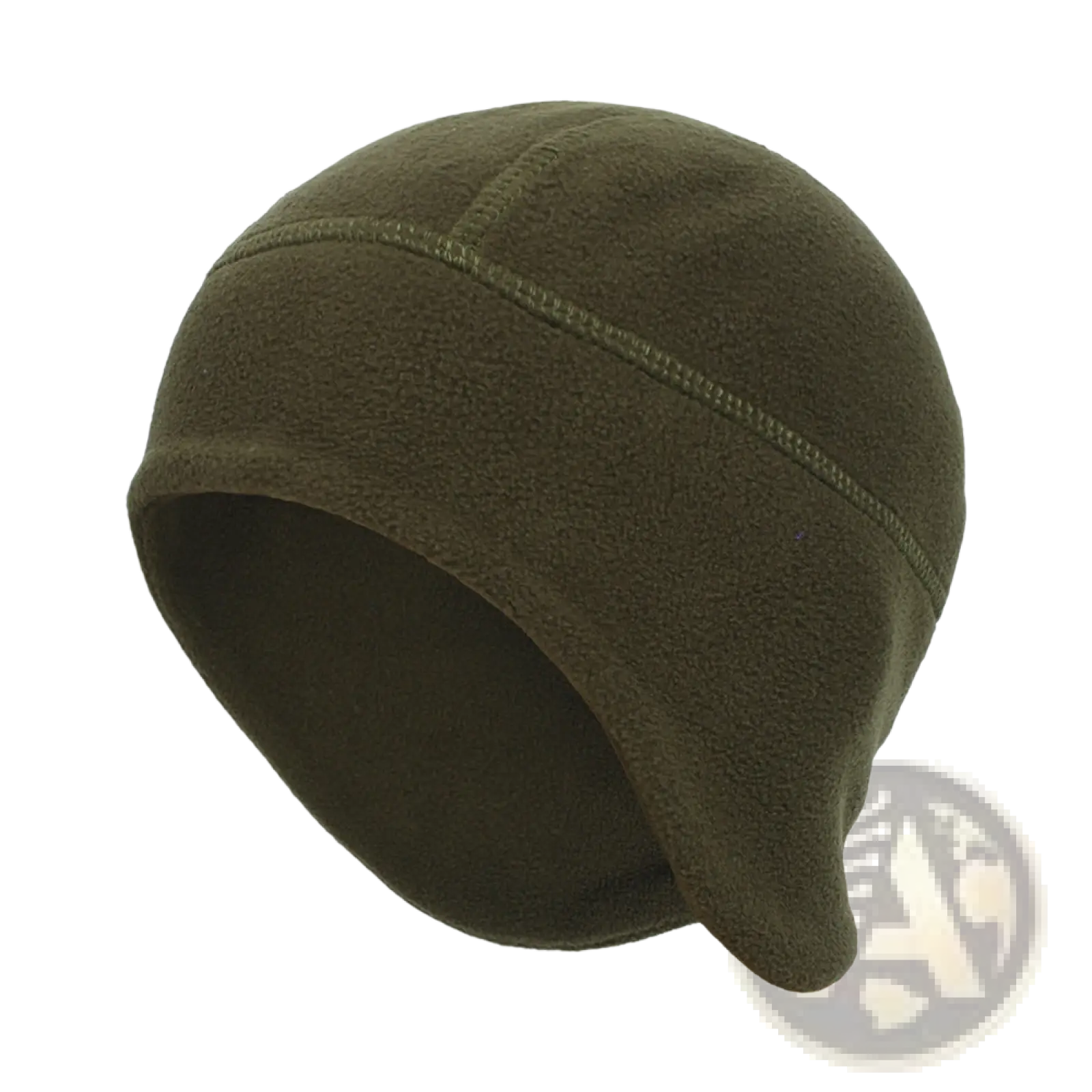 Thermal fleece beanie hat in olive green with a soft textured surface and subtle top seam stitching for winter sports