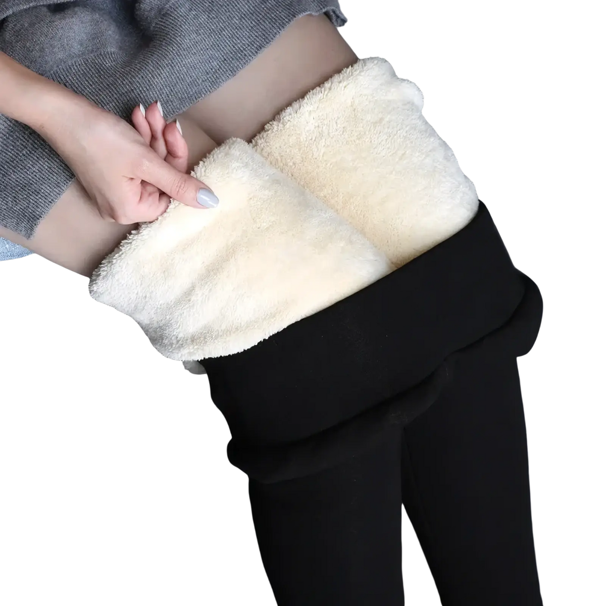 Black thermal fleece lined high waist leggings with plush cream fleece interior for warmth and comfort