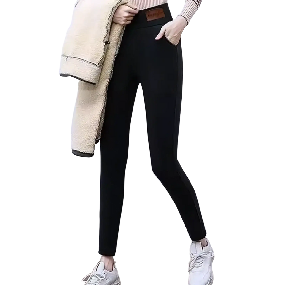 Black thermal fleece lined high waist leggings with a snug form-fitting design and soft stretchy material