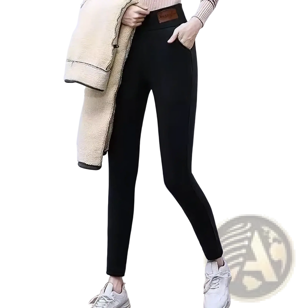 Black thermal fleece lined high waist leggings with a snug form-fitting design and soft stretchy material