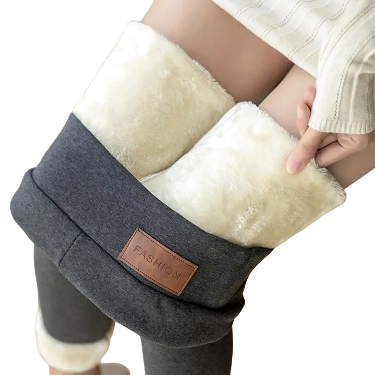 Gray thermal fleece lined high waist leggings with plush white faux fur cuff and brown leather fashion patch