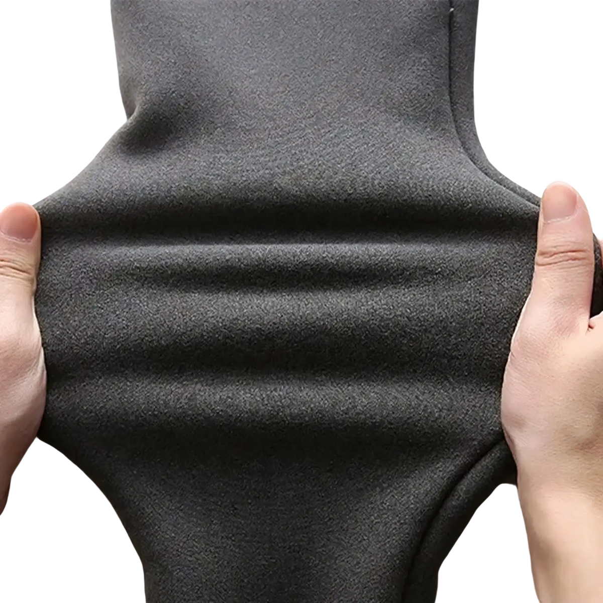 Thermal fleece lined high waist leggings dark gray fabric stretched to show stretchy cozy texture and warmth