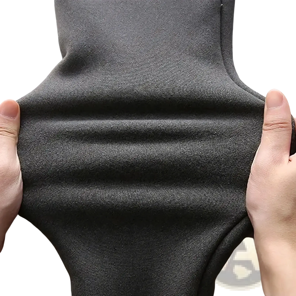 Thermal fleece lined high waist leggings dark gray fabric stretched to show stretchy cozy texture and warmth