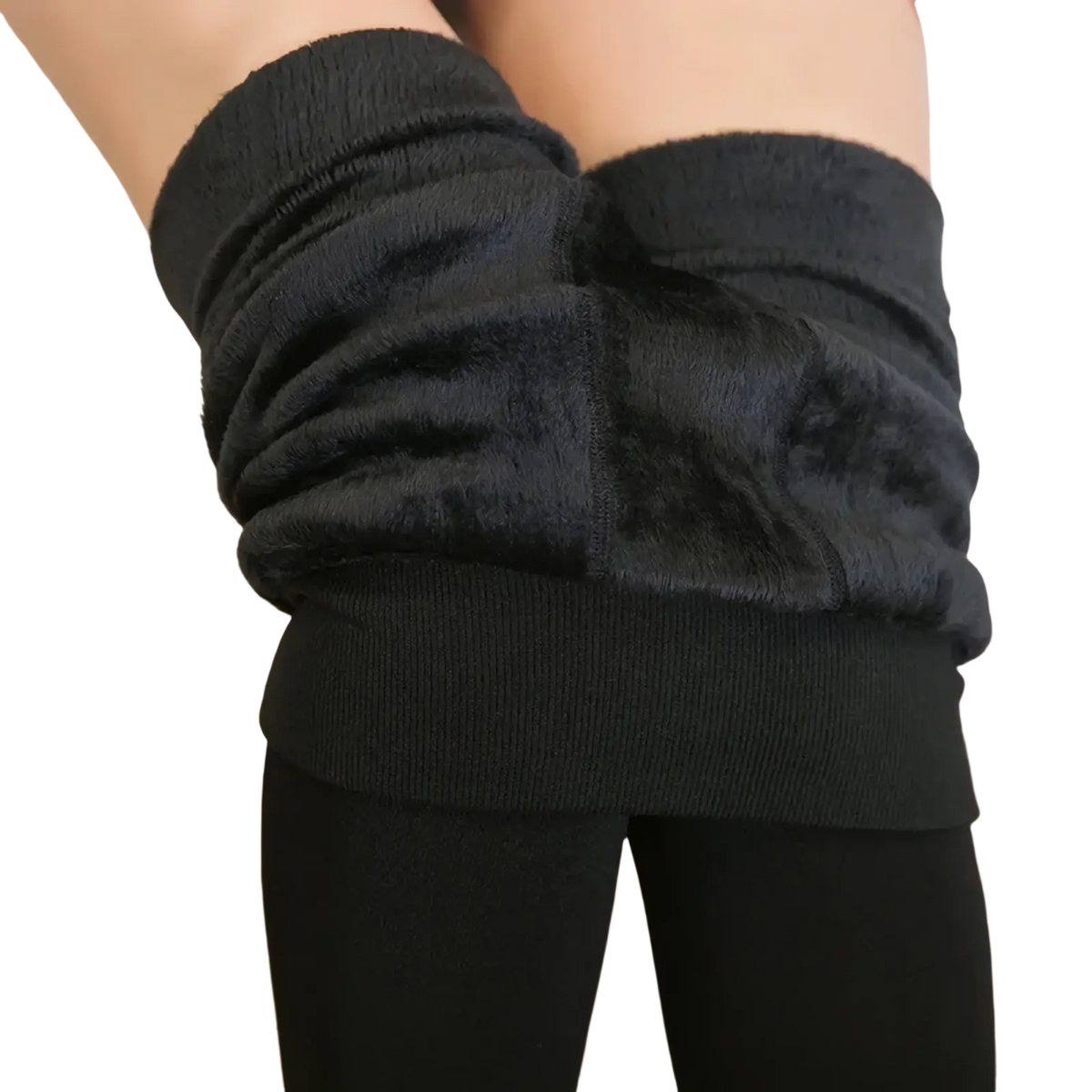 Black thermal fleece lined high waist winter leggings with ribbed waistband and snug fleece lining for warmth