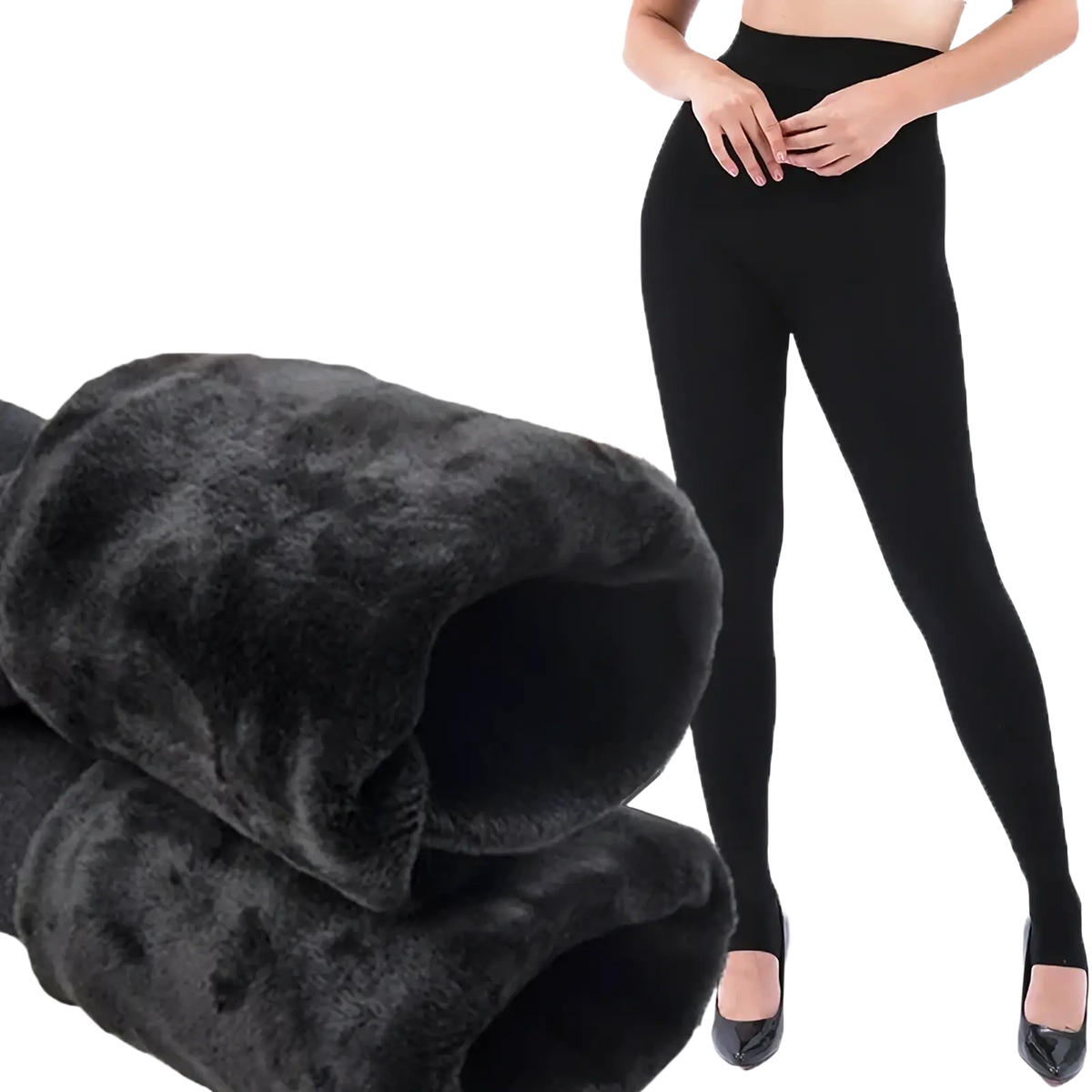 Black thermal fleece lined high waist winter leggings with plush faux fur interior for added warmth and comfort