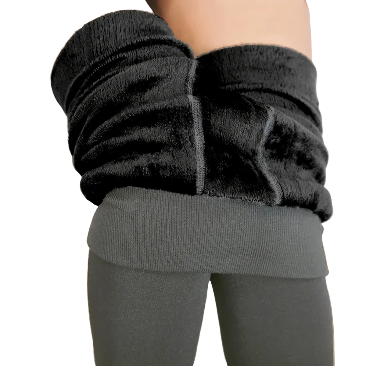 Thermal fleece lined high waist winter leggings in black with plush lining, ribbed waistband, and gray inner layer