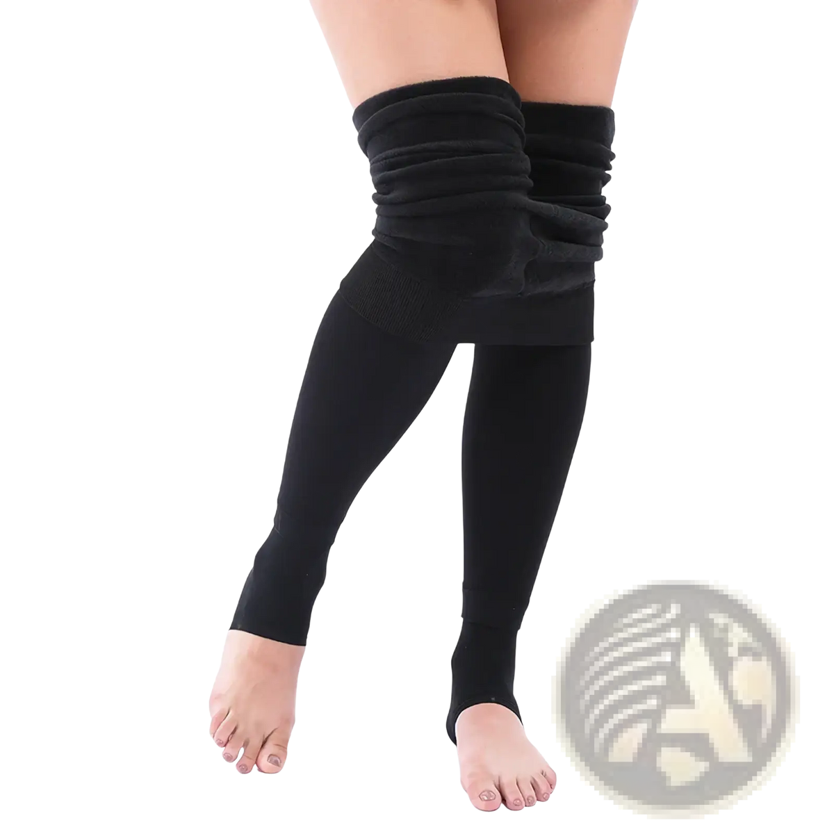 Black plush fabric knee-high compression socks with ribbed cuff and smooth lower leg section for winter wear
