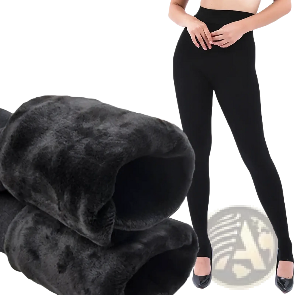 Black thermal fleece lined high waist winter leggings with plush faux fur interior for added warmth and comfort