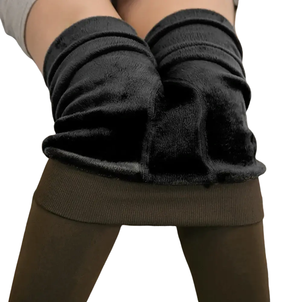 Black plush thermal fleece lined high waist knee-high leggings with ribbed elastic waistband for winter wear