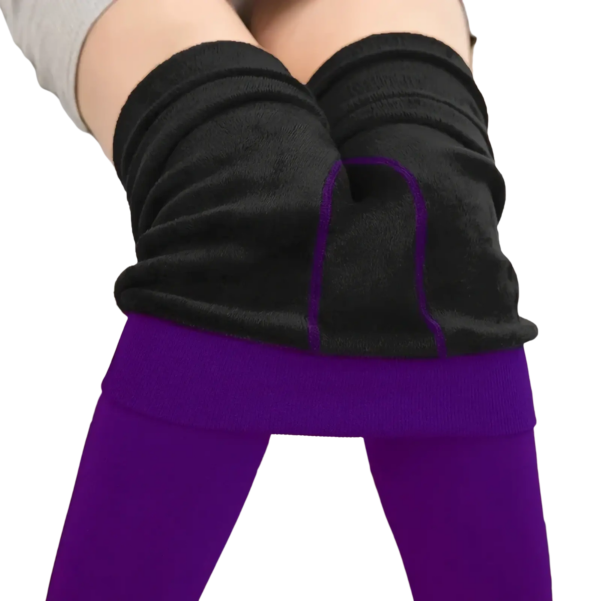 Black thermal fleece lined high waist winter leggings with a vibrant purple waistband and matching trim