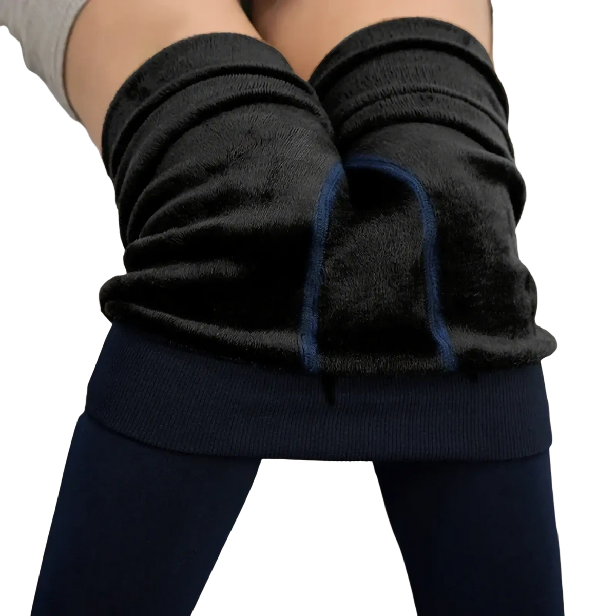 Thermal fleece lined high waist winter leggings in black plush with navy blue trim for cold weather wear