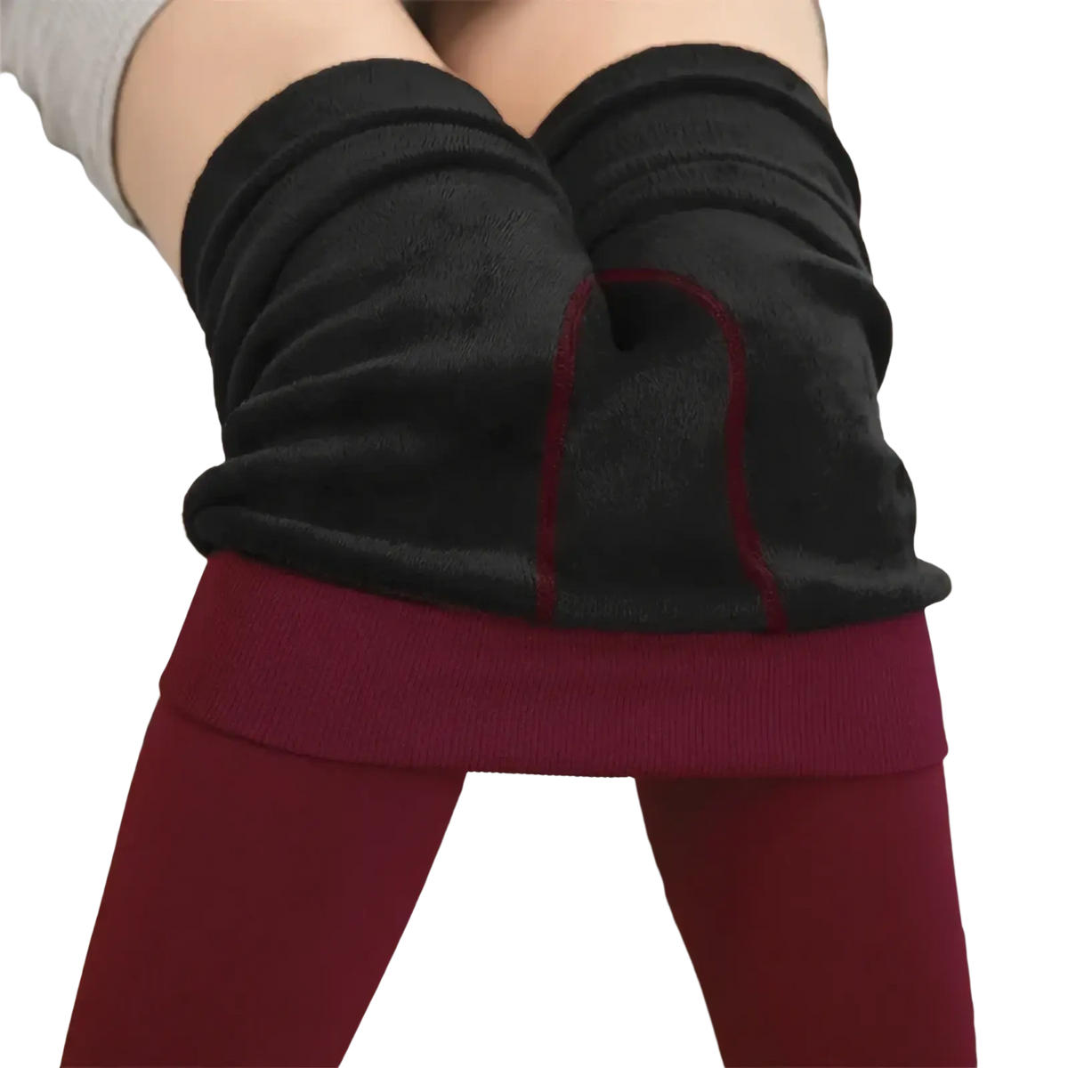 Black thermal fleece lined high waist knee-high leggings with maroon ribbed waistband and red stitching detail