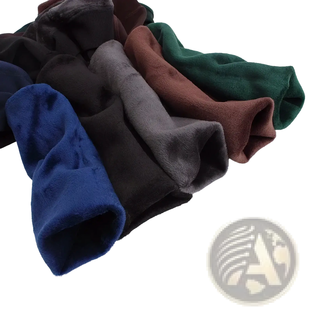 A collection of plush fleece lined beanies in navy blue black gray brown and green for winter use