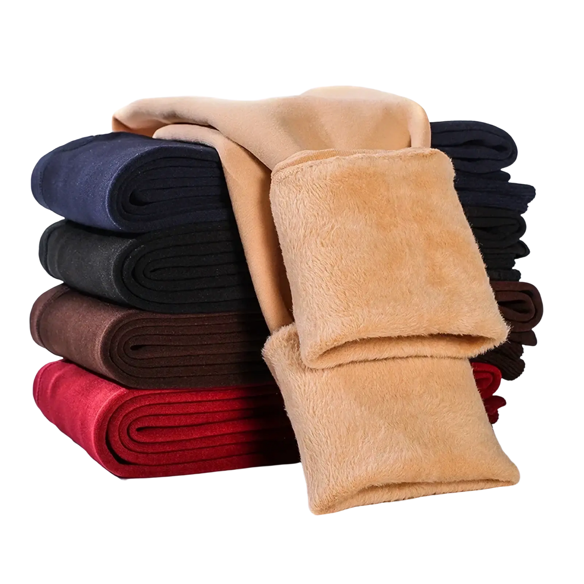 Stack of thermal fleece lined high waist winter leggings in navy blue black brown red and beige solid colors