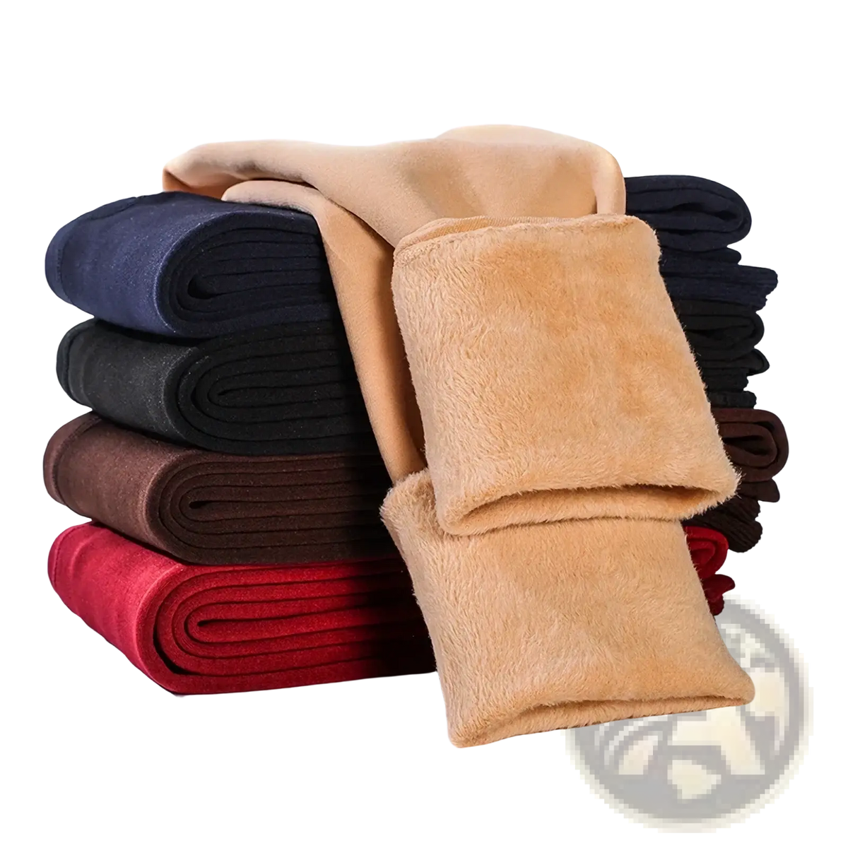Stack of thermal fleece lined high waist winter leggings in navy blue black brown red and beige solid colors