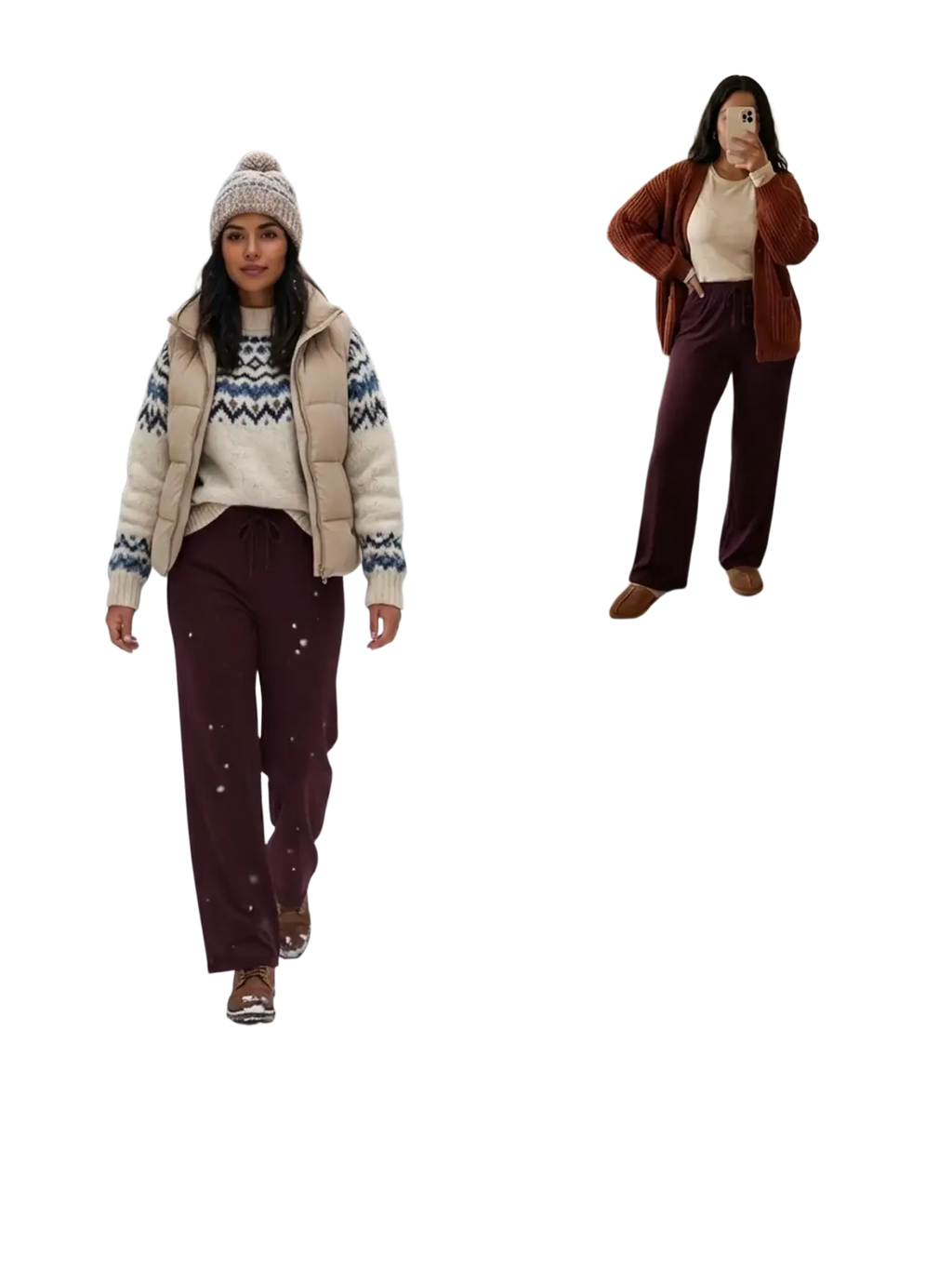 Beige puffer vest with blue and white geometric knit pattern paired with burgundy thermal fleece lined leg pants