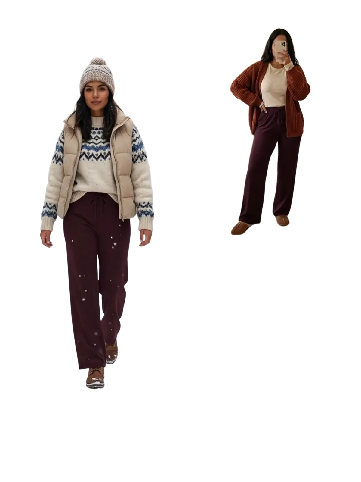 Beige puffer vest with blue and white geometric knit pattern paired with burgundy thermal fleece lined leg pants