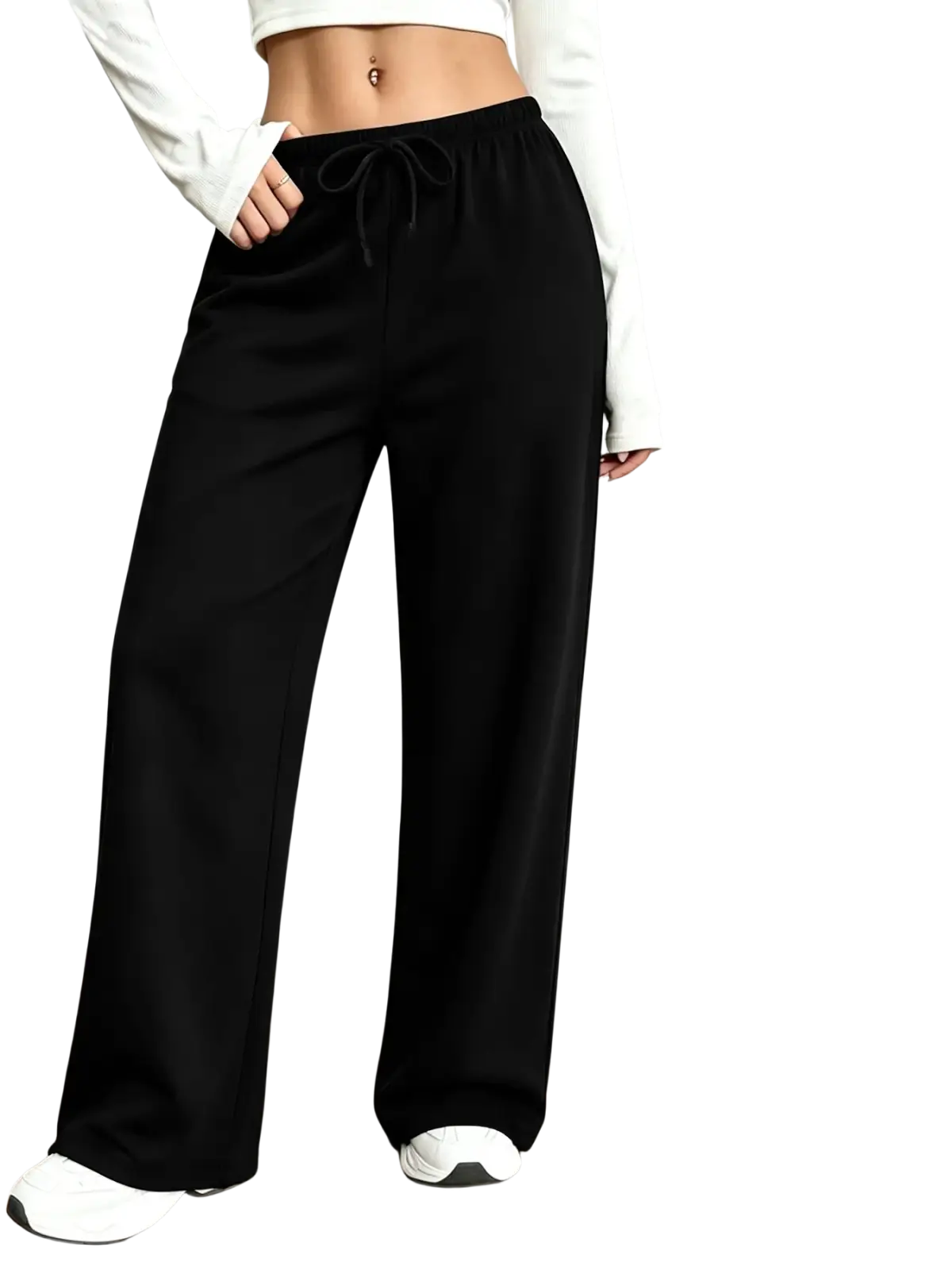 Black wide-leg leg pants with drawstring waist and thermal fleece lining for warmth and comfort