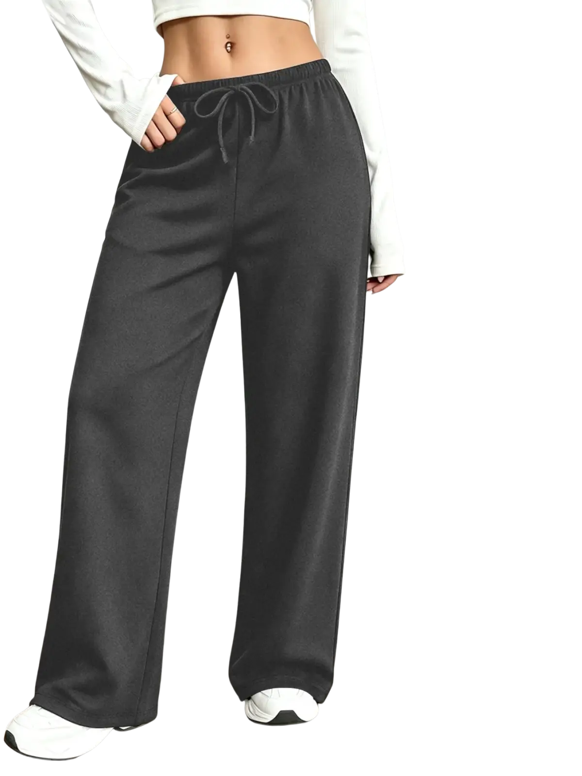 Black wide-leg thermal fleece lined leg pants with pant cord design for warmth and comfort