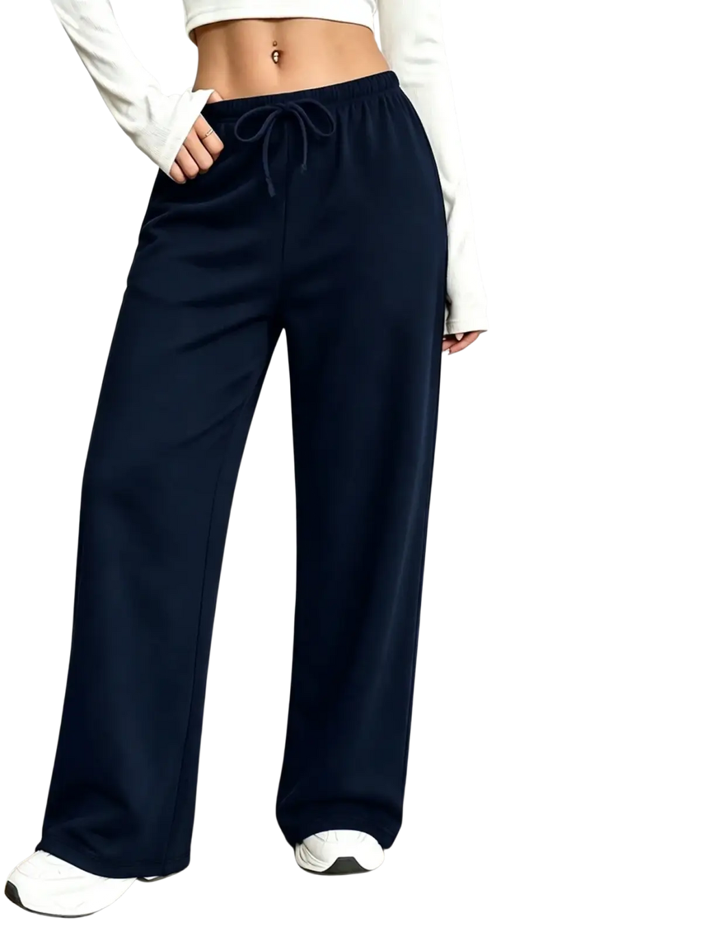 Dark navy wide-leg leg pants with drawstring waist and thermal fleece lining for warmth and comfort