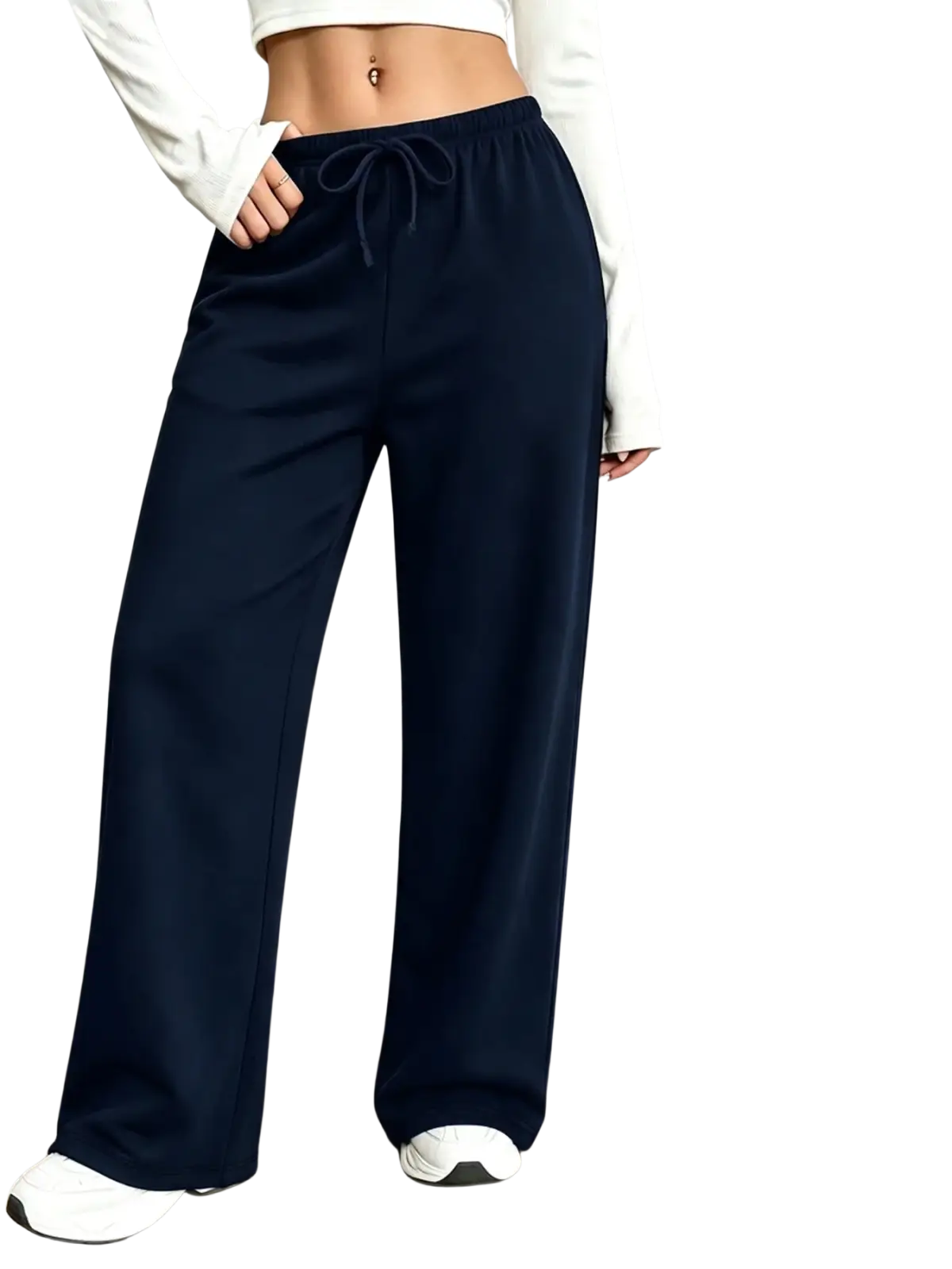 Dark navy wide-leg leg pants with drawstring waist and thermal fleece lining for warmth and comfort