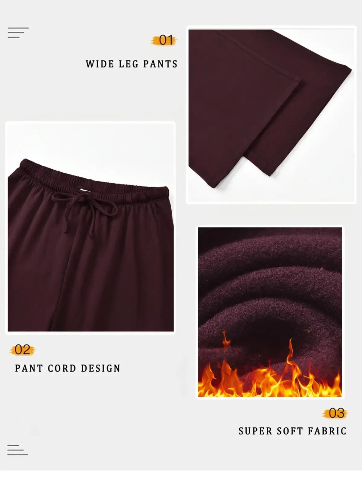 Thermal fleece lined leg pants in dark burgundy with elastic waistband and drawstring made from super soft fabric