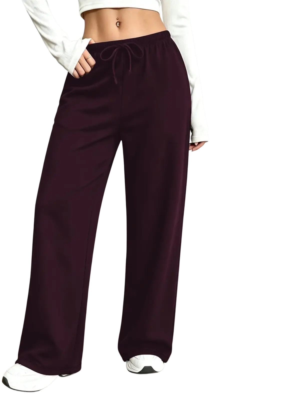 Thermal fleece lined leg pants in burgundy are maroon wide-leg pants with a drawstring waist and fleece lining
