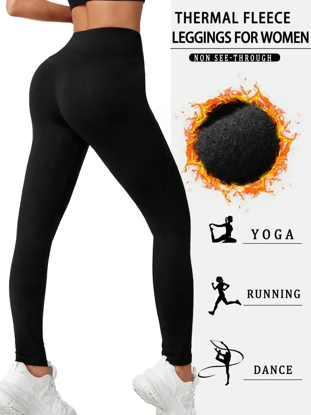 Black thermal fleece lined leggings for women made from non-see-through fabric ideal for yoga running and dance