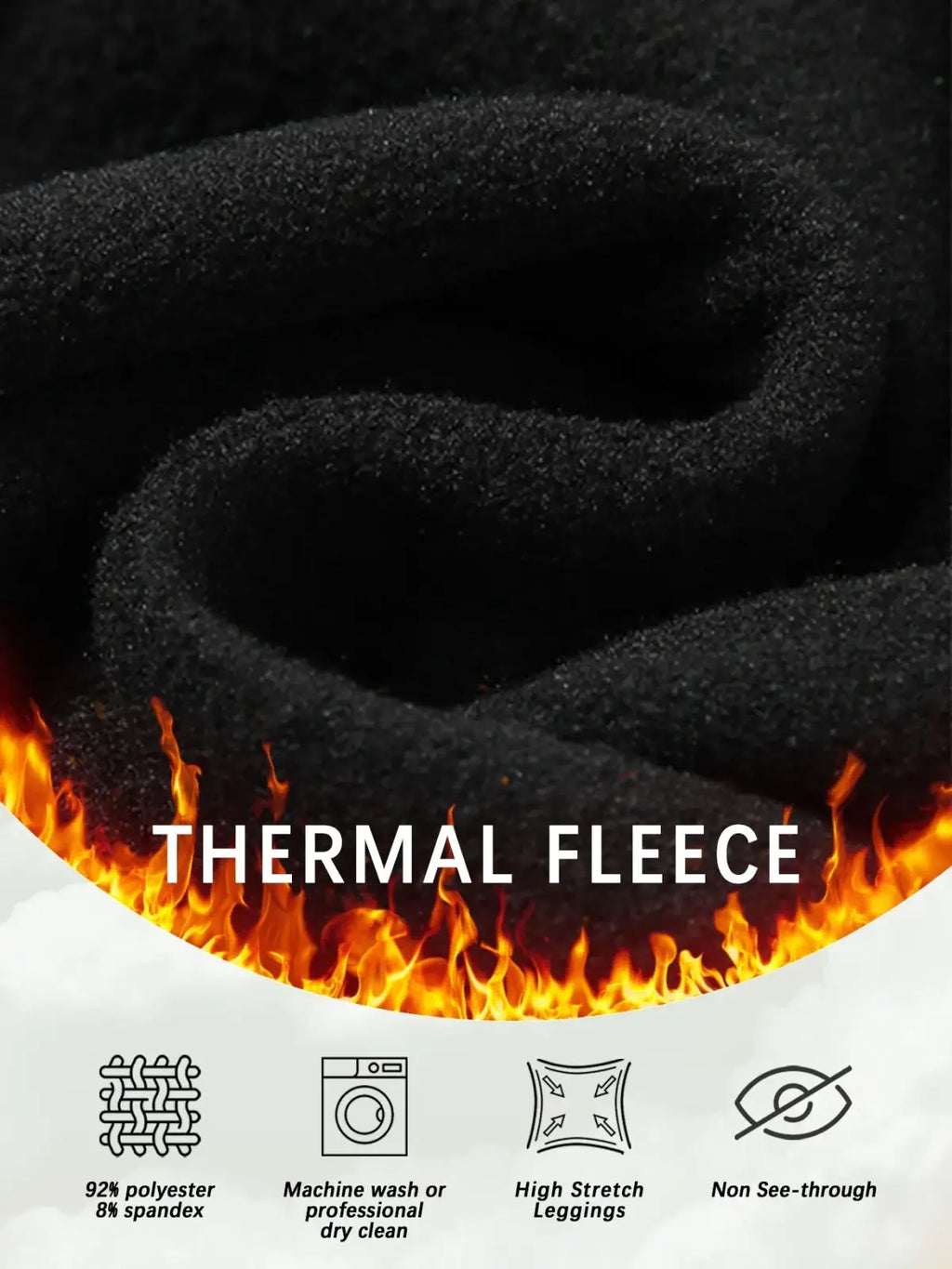 Black thermal fleece lined leggings for women with soft textured fabric and flame graphic design for winter warmth