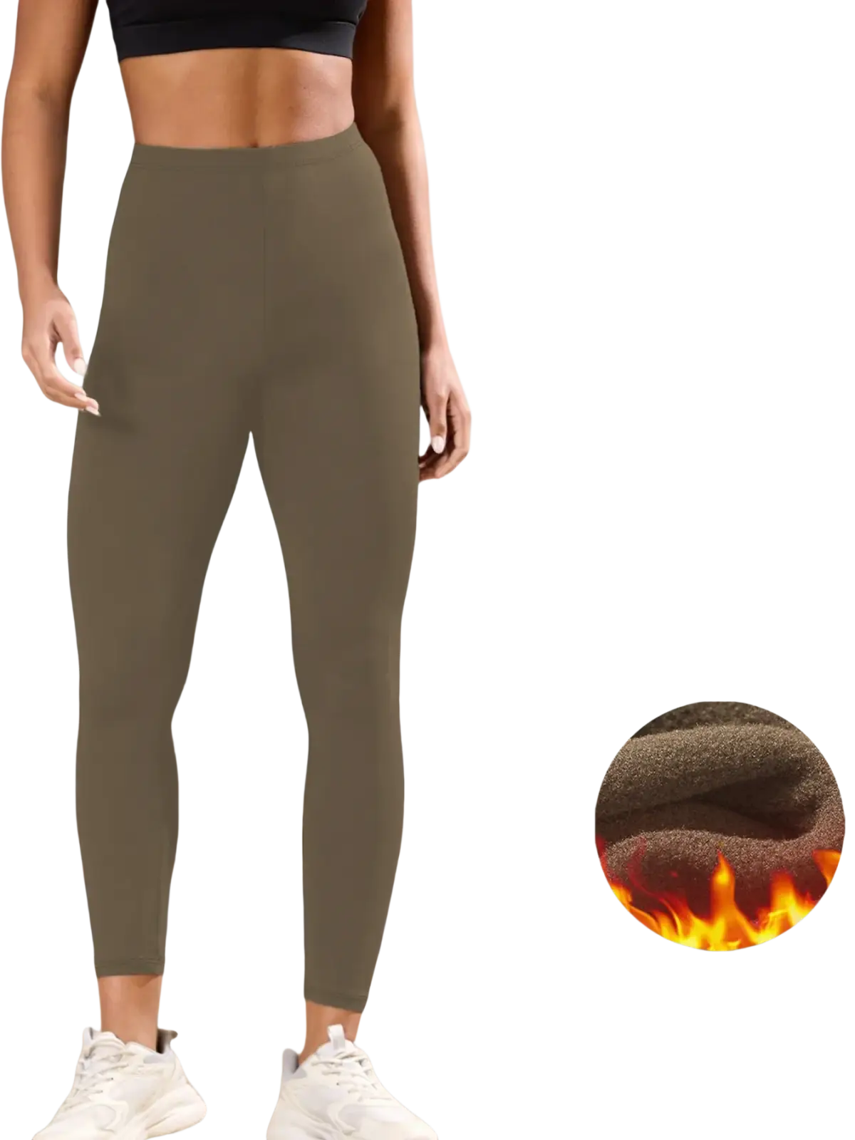 Olive green thermal fleece lined leggings for women with plush warm inner lining ideal for winter wear