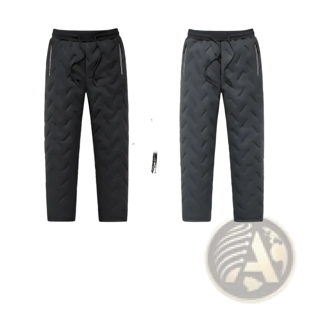 Thermal fleece lined winter joggers in black quilted fabric with zigzag pattern and side pockets for cold weather use