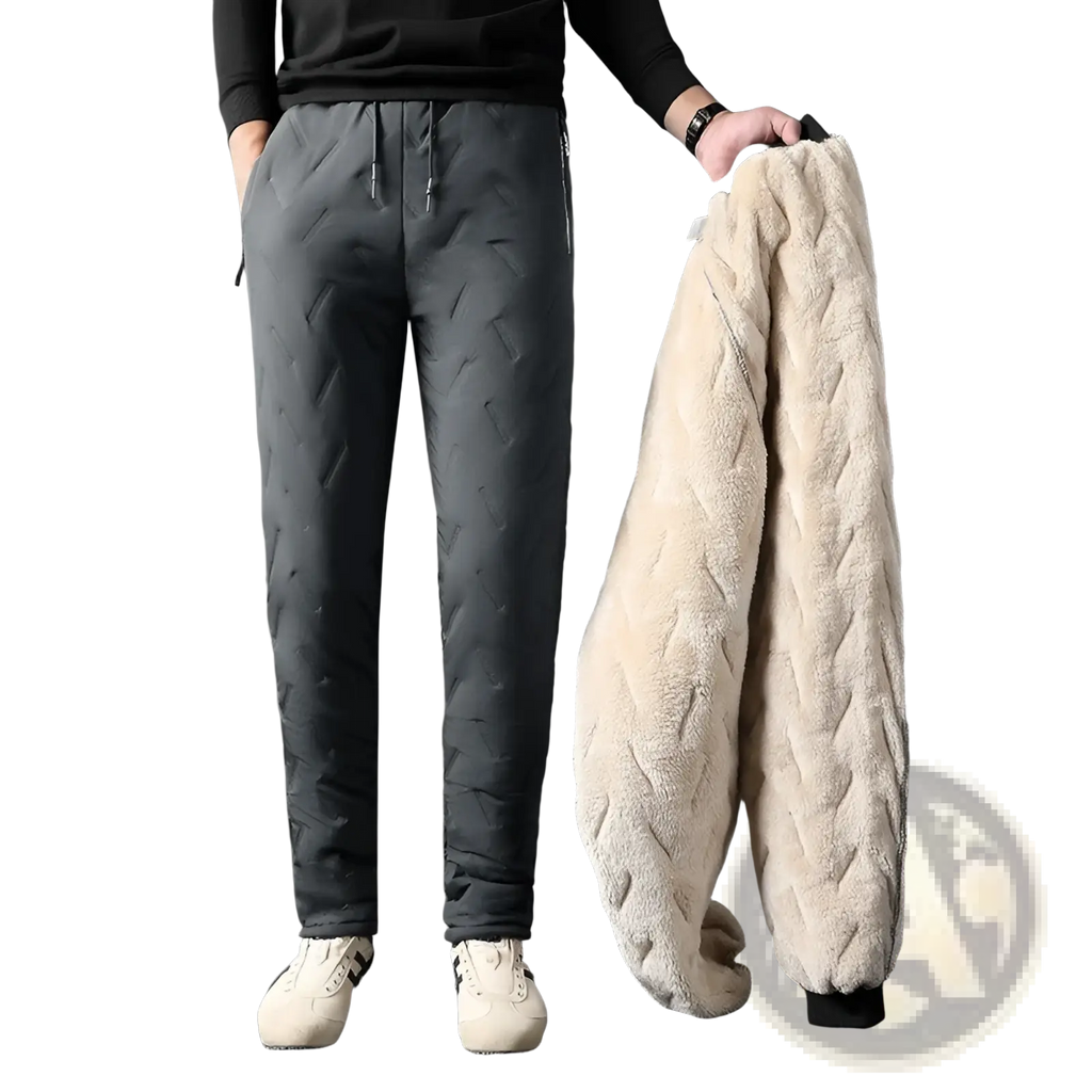 Dark gray quilted thermal fleece lined winter joggers with plush cream fleece lining and braided texture