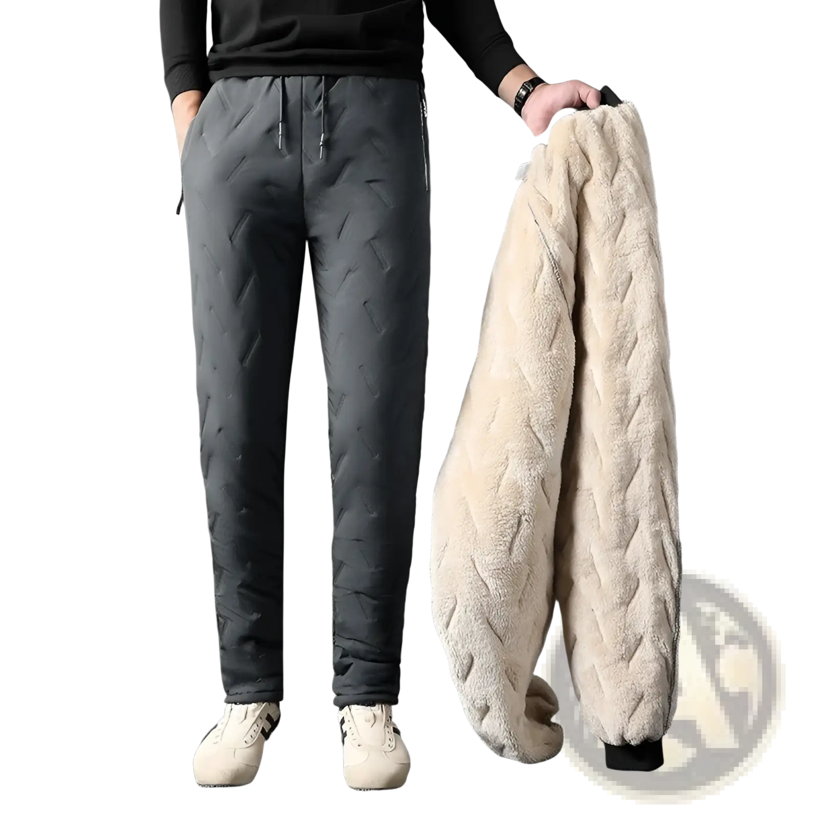 Dark gray quilted thermal fleece lined winter joggers with plush cream fleece lining and braided texture