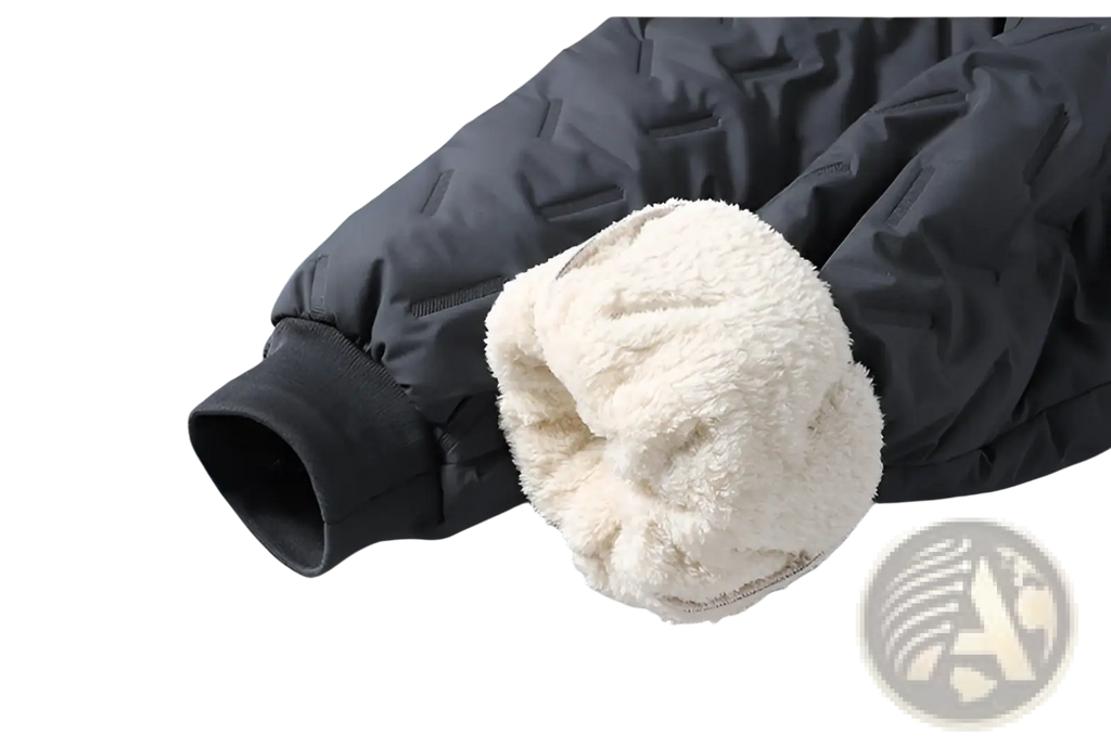 Dark gray quilted winter jacket with plush cream fleece lining visible at rolled-up cuff for thermal warmth