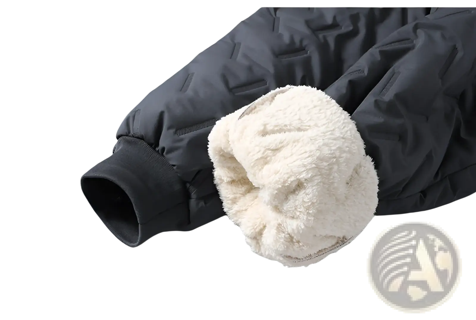 Dark gray quilted winter jacket with plush cream fleece lining visible at rolled-up cuff for thermal warmth