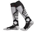 Thermal knee high ski socks in black and gray feature geometric hexagons stripes and white accents for warmth
